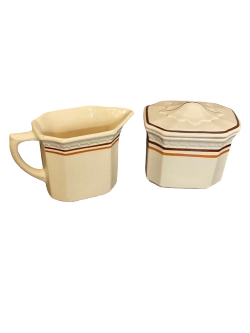 Syracuse China Econo-Rim Vintage Cream and Brown Ceramic Creamer and Sugar Set.